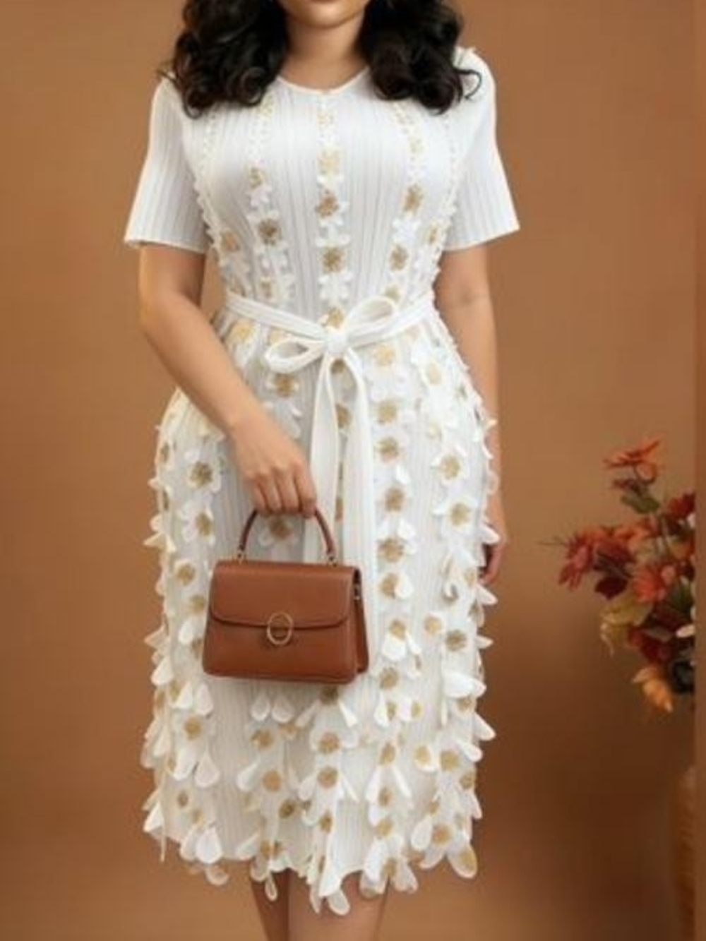 Ivory Floral Appliqué Midi Dress with Tie Waist
